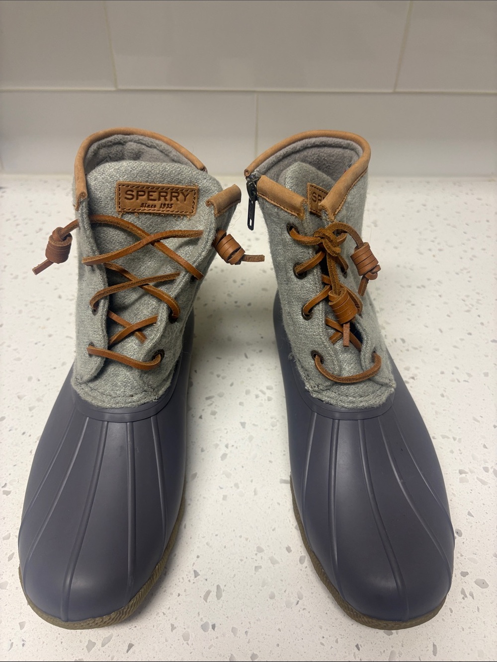 Sperry Gray and Tan Duck-Style Boots